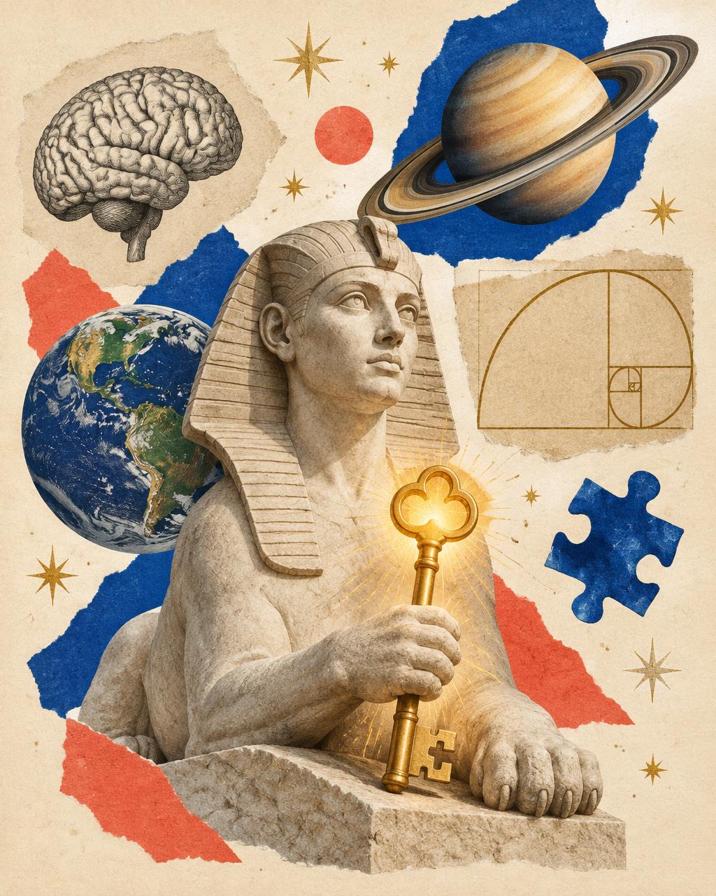 Collage mit Sphinx und goldenem Schlüssel