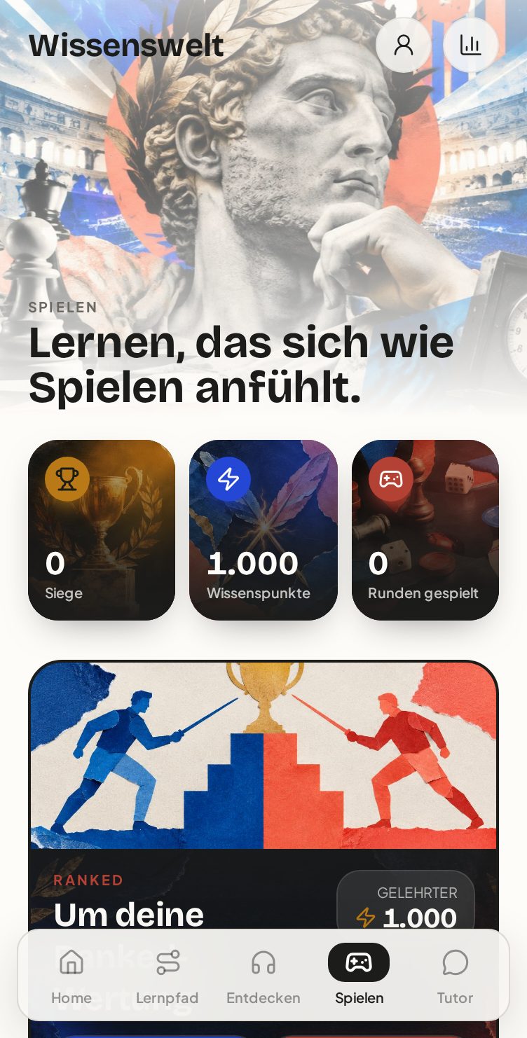 Spielen-Bereich der Wissenswelt-App mit Ranked und Freunde-Duell