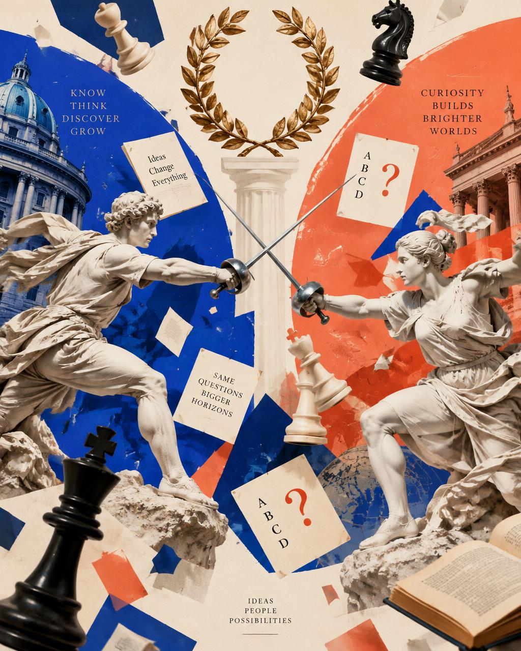 Collage aus zwei Marmorfechtern, Lorbeerkranz und Quizkarten
